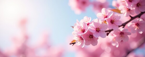 Delicate pink cherry blossoms in full bloom against a soft, spring sky , cherry tree, pink flowers, greeting card
