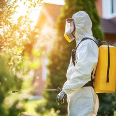 Professional Pest Control Worker in Protective Gear Spraying Pesticide