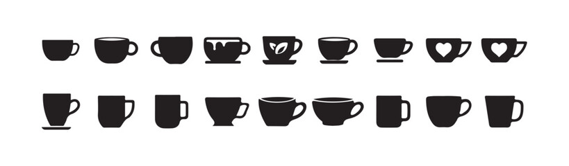Coffee cup icons in black on a white background. Set of different tea cup icons. Simple coffee or tea signs, vector illustration eps 10.