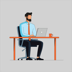 Flat vector illustration of a businessman working on a laptop at a desk with a coffee mug in office.