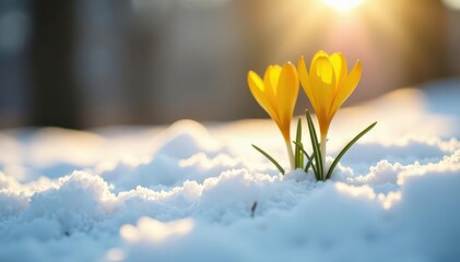 Delicate yellow crocus pushes through snow, early spring arrival , arrival, flower, sun