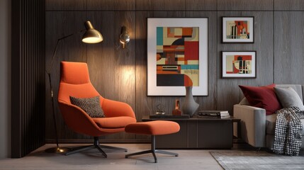 maximalist living room, orange lounge chair, dark wood wall, pop art wall accents, layered throws, warm indirect light