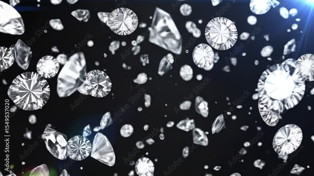 Poster diamond rain: sparkling gems falling in slow motion on a black background animation