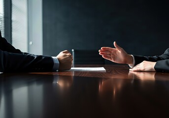 Business conflict shown by a clenched fist versus an open hand during a tense negotiation in a boardroom. Concept for disputes, pressure, and deal-making.
