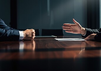 Business conflict shown by a clenched fist versus an open hand during a tense negotiation in a boardroom. Concept for disputes, pressure, and deal-making.
