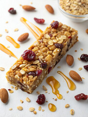 Close-up of healthy granola bar with oats, almonds, cranberries, and honey drizzle on white background