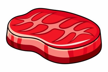 Colorful vector illustration of a raw steak featuring marbled red meat and white fat details in a cartoon style.