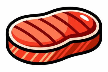 Colorful vector illustration of a raw steak featuring marbled red meat and white fat details in a cartoon style.