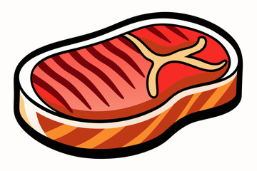 Colorful vector illustration of a raw steak featuring marbled red meat and white fat details in a cartoon style.