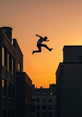 Silhouette of a person practicing parkour on a rooftop, jumping between buildings at sunset, symbolizing risk, courage and achievement.