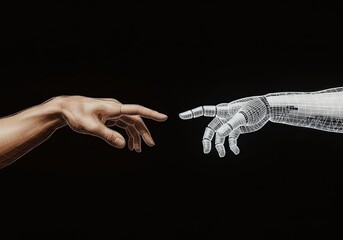 Human and robot hands recreating The Creation of Adam. A concept of AI, digital transformation, the future of humanity, and the connection between man and machine.