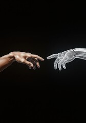 Human and robot hands recreating The Creation of Adam. A concept of AI, digital transformation, the future of humanity, and the connection between man and machine.