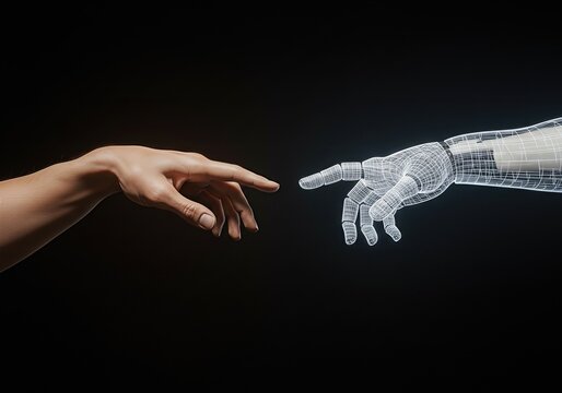 Human and robot hands recreating The Creation of Adam. A concept of AI, digital transformation, the future of humanity, and the connection between man and machine.