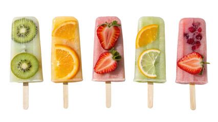 Assorted natural fruit popsicles with slices of kiwi, orange, strawberry, lemon, and berries isolated on transparent background