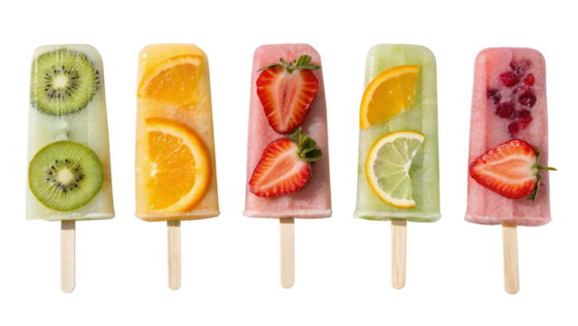 Assorted natural fruit popsicles with slices of kiwi, orange, strawberry, lemon, and berries isolated on transparent background