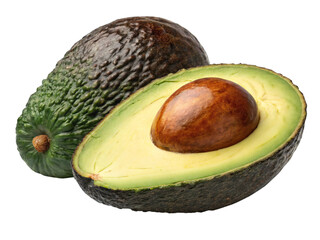 Whole and halved ripe avocado with seed isolated on transparent background