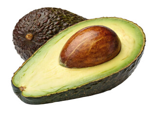 Whole and halved ripe avocado with seed isolated on transparent background