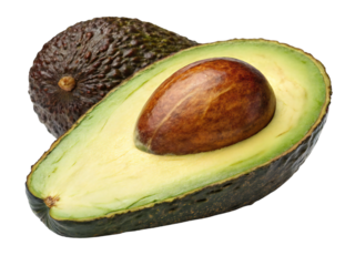 Whole and halved ripe avocado with seed isolated on transparent background