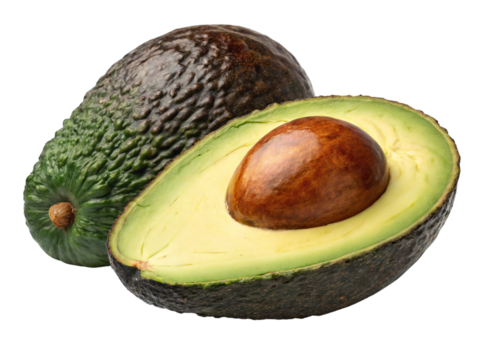 Whole and halved ripe avocado with seed isolated on transparent background