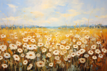 An impressionistic oil painting showcases a field of daisies under a bright, sunny sky.