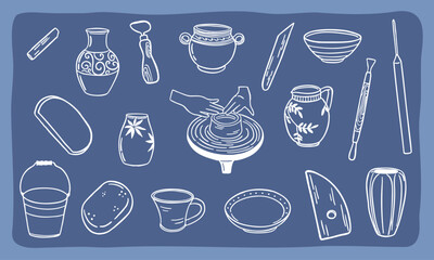 vector illustration of pottery - doodle sketch hand drawn - collection set