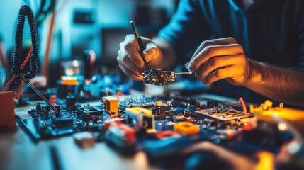 Technician repairing circuit board in workshop
