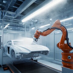 Robotic Arm Applying Coating to Car Body in Automated Workshop