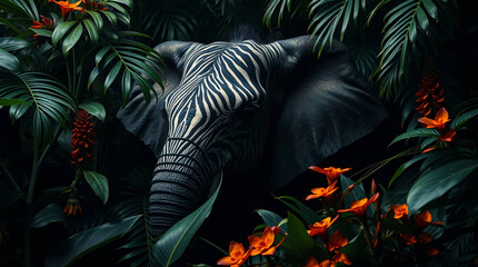 Majestic elephant in lush jungle, serene and tranquil wildlife scene.