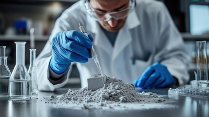 A scientist wearing gloves and goggles carefully examines a gray powdery substance with a tool in a laboratory setting.