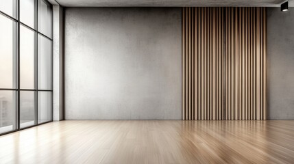 Obraz na płótnie Canvas A modern empty room with large floor-to-ceiling windows, wooden flooring, concrete walls, and vertical wooden slats design on one side.