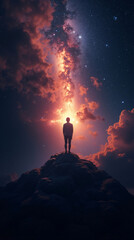 Silhouette figure in cosmic space, glowing stars and vibrant galaxy scene.