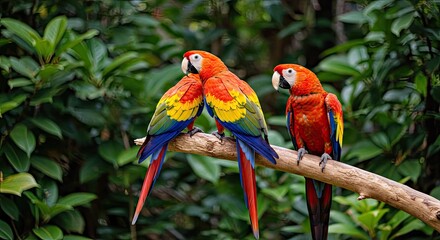 Obraz premium Vibrant Tropical Parrots Perched on a Branch in Jungle