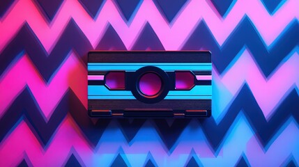 A retro cassette tape with neon colors and a zigzag background in contrasting shades.
