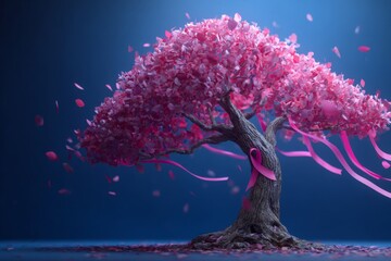 A tree with pink ribbon and pink leaves gently falling to the earth, symbolizing breast cancer awareness and the passage of time.
