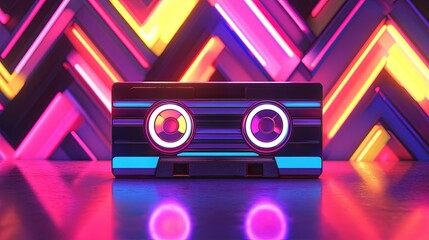 A retro cassette tape with neon colors and a zigzag background in contrasting shades.