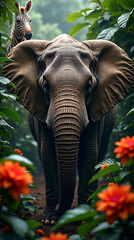 Majestic elephant in lush jungle, serene and tranquil wildlife scene.