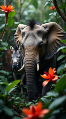 Majestic elephant in lush jungle, serene and tranquil wildlife scene.