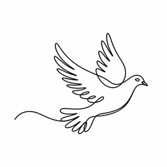 Fototapeta premium Simple line drawing of a dove in flight with wings spread on a white background in minimalist style
