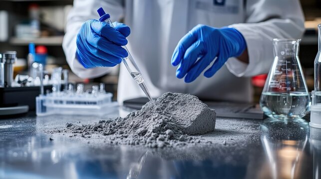 A scientist wearing blue gloves uses a pipette to add liquid to a pile of gray powder in a laboratory setting.