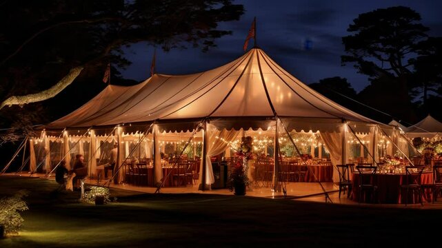 Elegant outdoor evening wedding reception in majestic illuminated tent