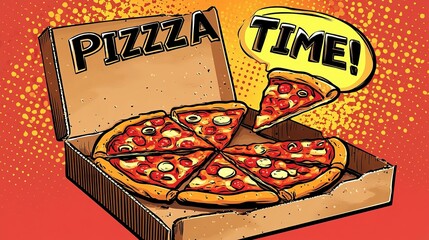 A pop art-style pizza box being opened with slices flying out and the word "PIZZA TIME!" in a vibrant thought bubble.