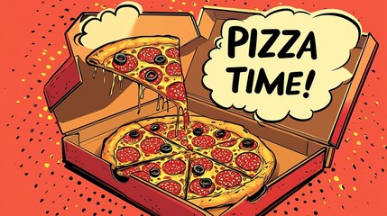A pop art-style pizza box being opened with slices flying out and the word "PIZZA TIME!" in a vibrant thought bubble.