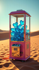 A gumball machine filled with blue hearts in a desert, creating a whimsical scene.