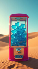 A gumball machine filled with blue hearts in a desert, creating a whimsical scene.