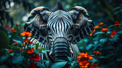 Elephant in lush jungle, serene and tranquil tropical wildlife scene.