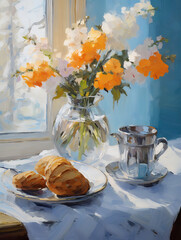 A beautiful still life painting depicts a morning breakfast with flowers and coffee.