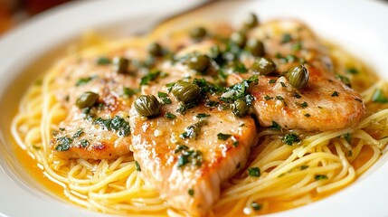 A plate of veal piccata: Describe the tender veal slices in a tangy lemon caper sauce, served with pasta.