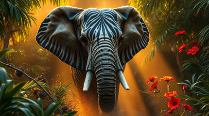 Elephant in lush jungle, serene and tranquil tropical wildlife scene.