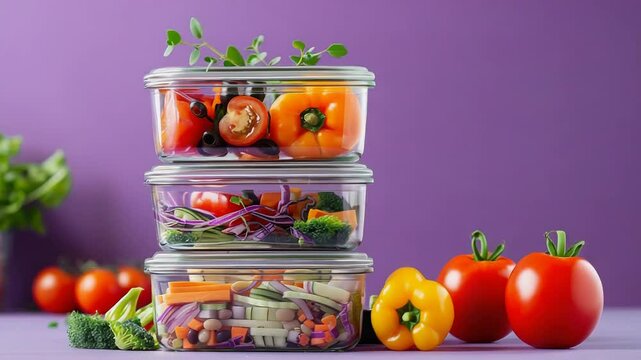 Fresh vegetarian meal prep with colorful vegetables in kitchen storage containers