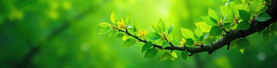 Fototapeta premium A lush, thriving tree branch bursting with vibrant green leaves and blossoms, symbolizing growth and prosperity , blossom, strong